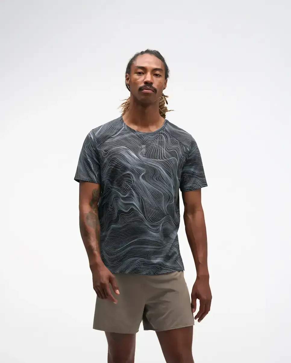 HOKA EveryRun Short Sleeve Black White Prt - Men's Running Clothing & Gear - front view
